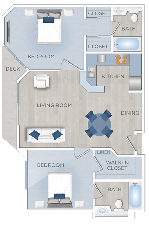 Floor plan for 2 beds, 2 baths, 836 sqft